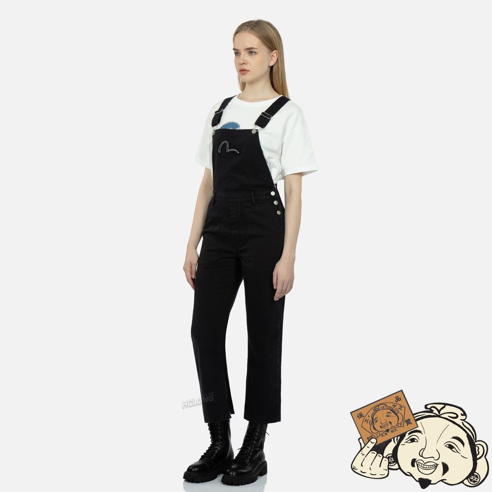 Women Evisu EMBELLISHED SEAGULL APPLIQUÉ DENIM DUNGAREE Noir | 814ZCWQNX