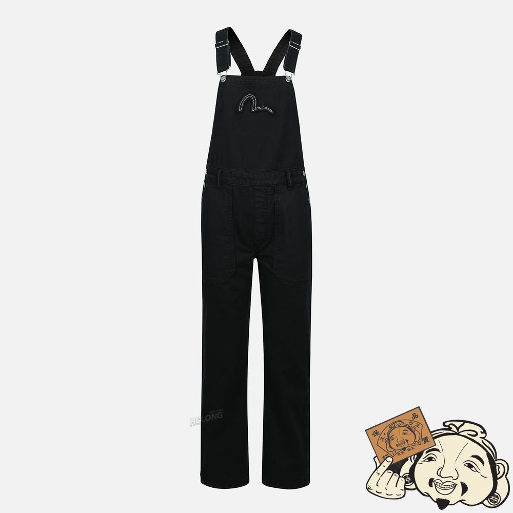 Women Evisu EMBELLISHED SEAGULL APPLIQUÉ DENIM DUNGAREE Noir | 814ZCWQNX