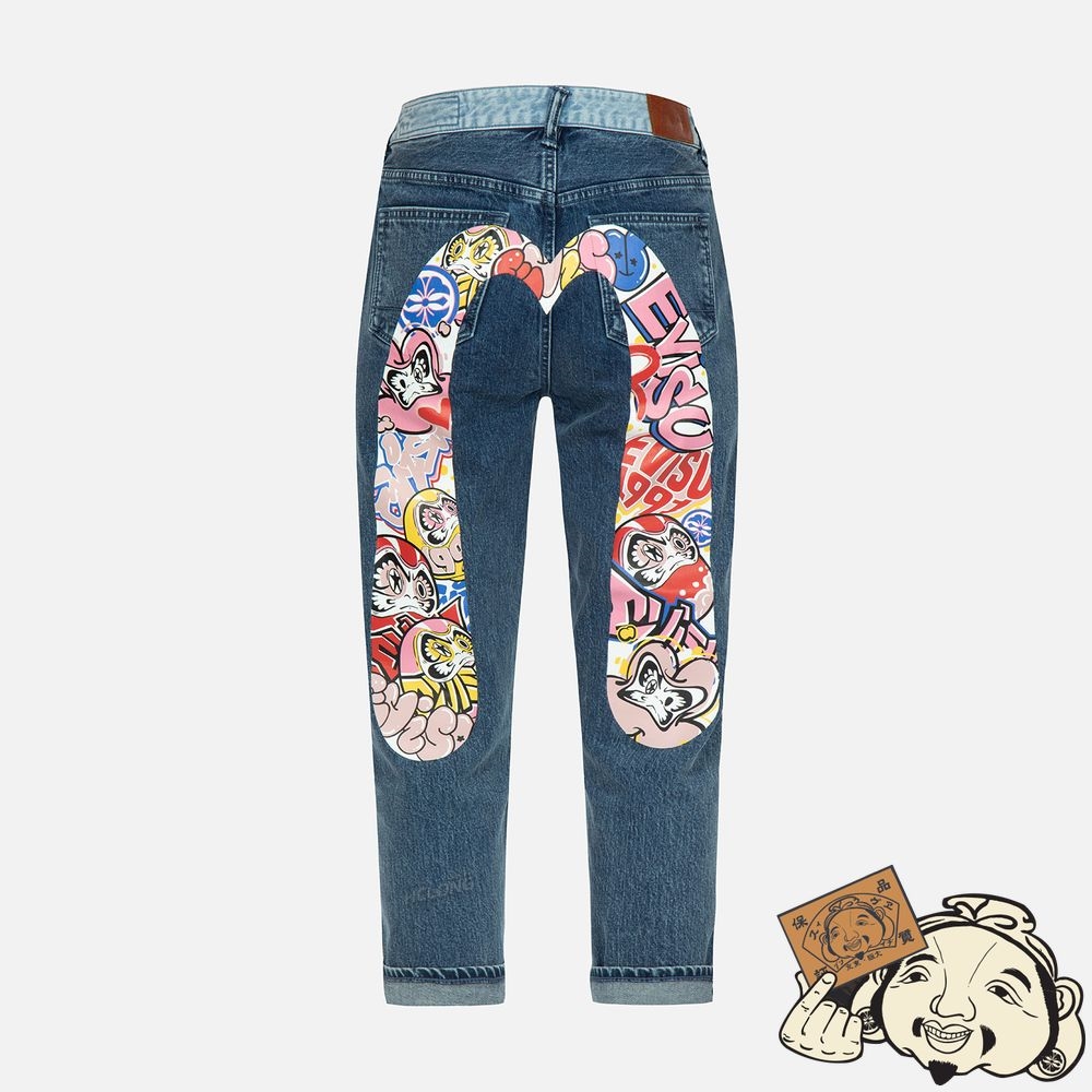 Women Evisu GRAFFITI DARUMA DAICOCK PRINT TWO-TONE JEANS Indigo | 597SUKPVN