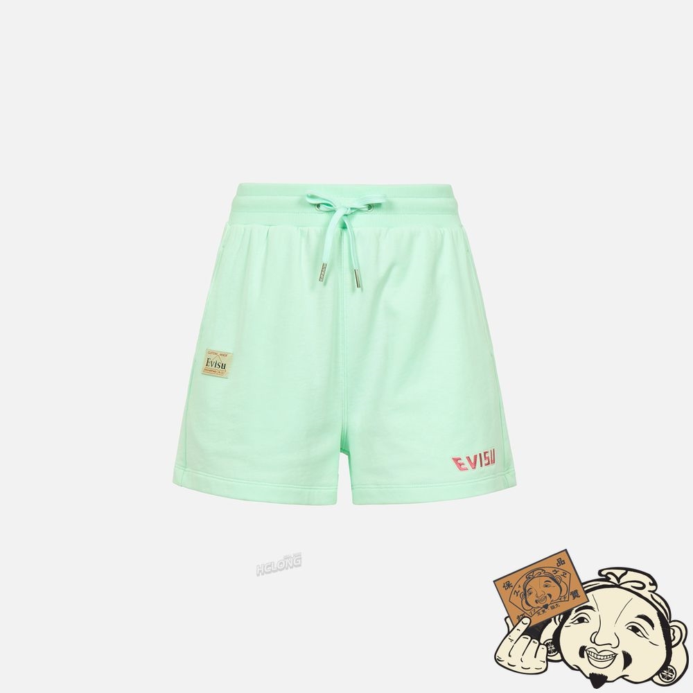 Women Evisu GRAFFITI DARUMA DAICOCK PRINT SWEAT SHORTS Vert Clair | 695XCQVBP