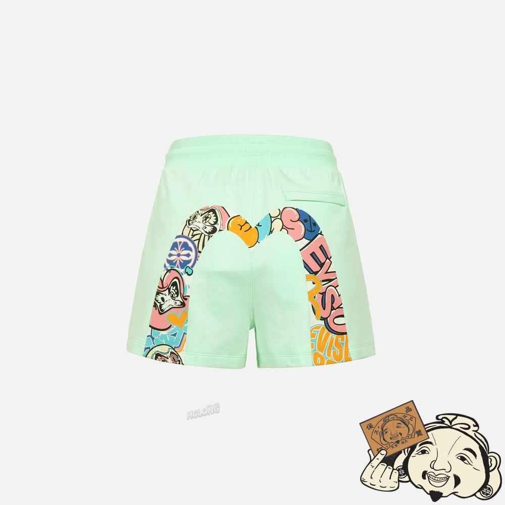 Women Evisu GRAFFITI DARUMA DAICOCK PRINT SWEAT SHORTS Vert Clair | 695XCQVBP