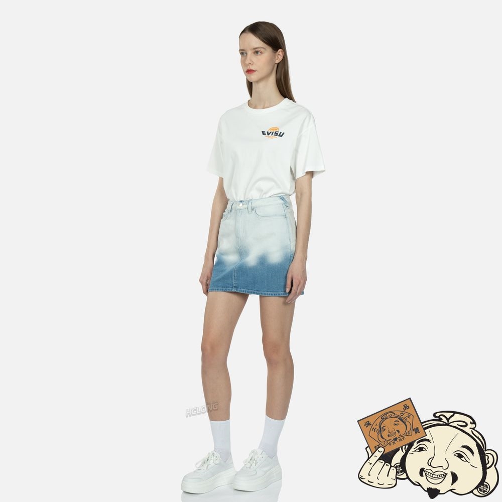 Women Evisu GRAFFITI LOGO AND SEAGULL PRINT BLEACHED DENIM SKIRT Indigo | 431RJEMWP