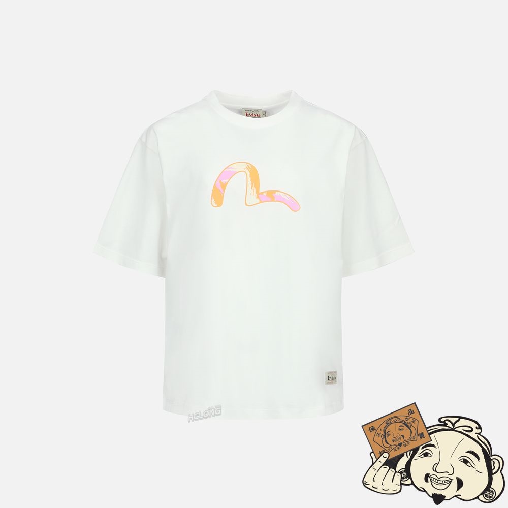 Women Evisu Graffiti Daruma and Seagull Print T-shirt Blanche | 985ANDRLQ