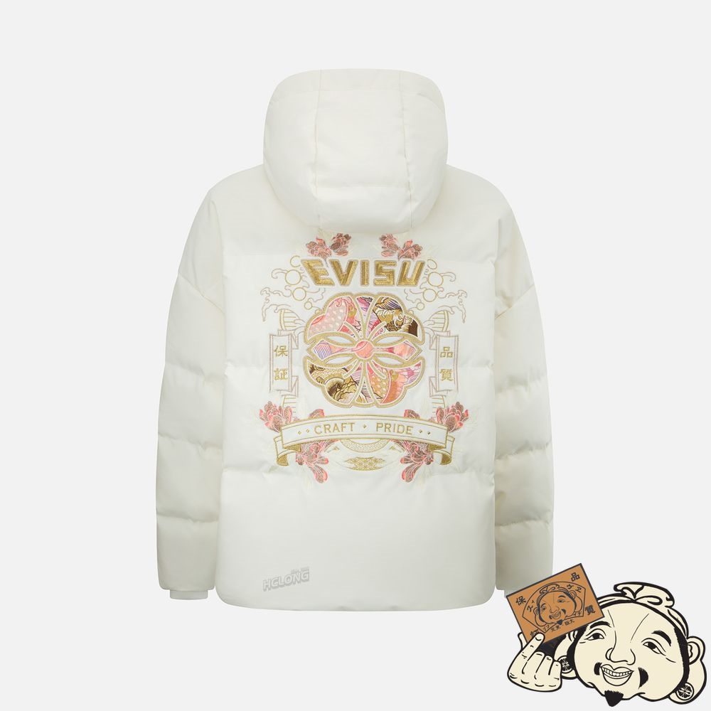 Women Evisu JAPANESE PATTERN KAMON EMBROIDERY DOWN JACKET Blanche | 916PXNEBK