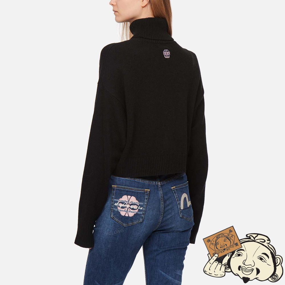 Women Evisu KAMON EMBROIDERY TURTLENECK KNITTED PULLOVER Noir | 140WYSQAB