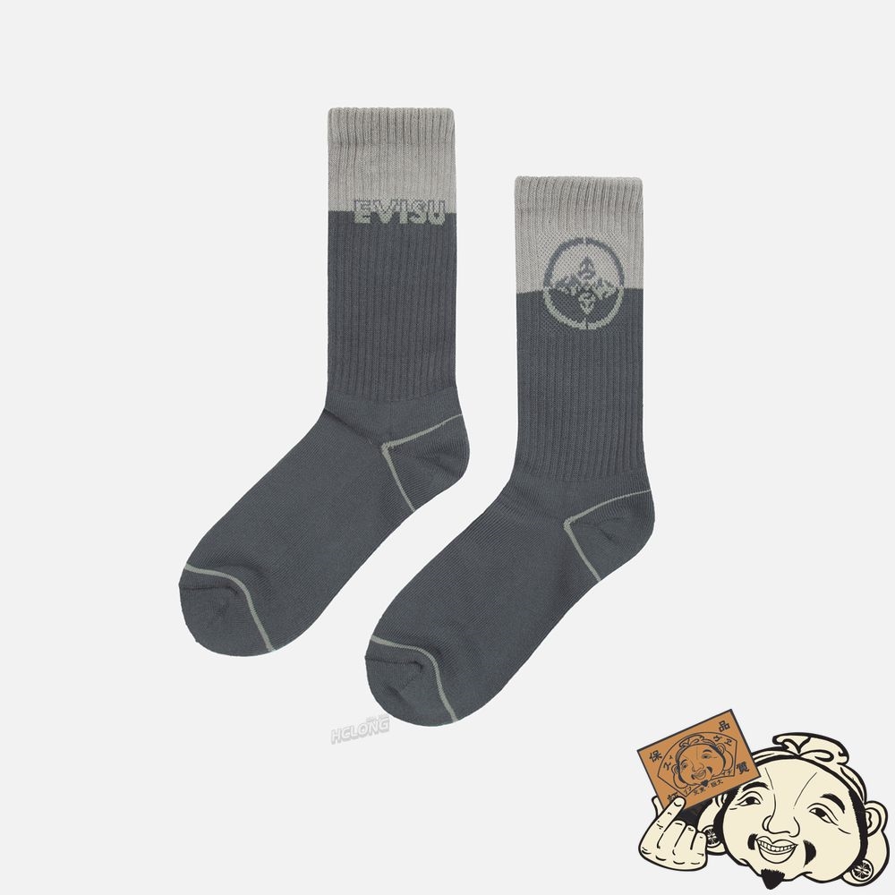 Women Evisu KAMON JACQUARD COLOR-BLOCKING LONG SOCKS CHARCOAL | 682WOPGTD