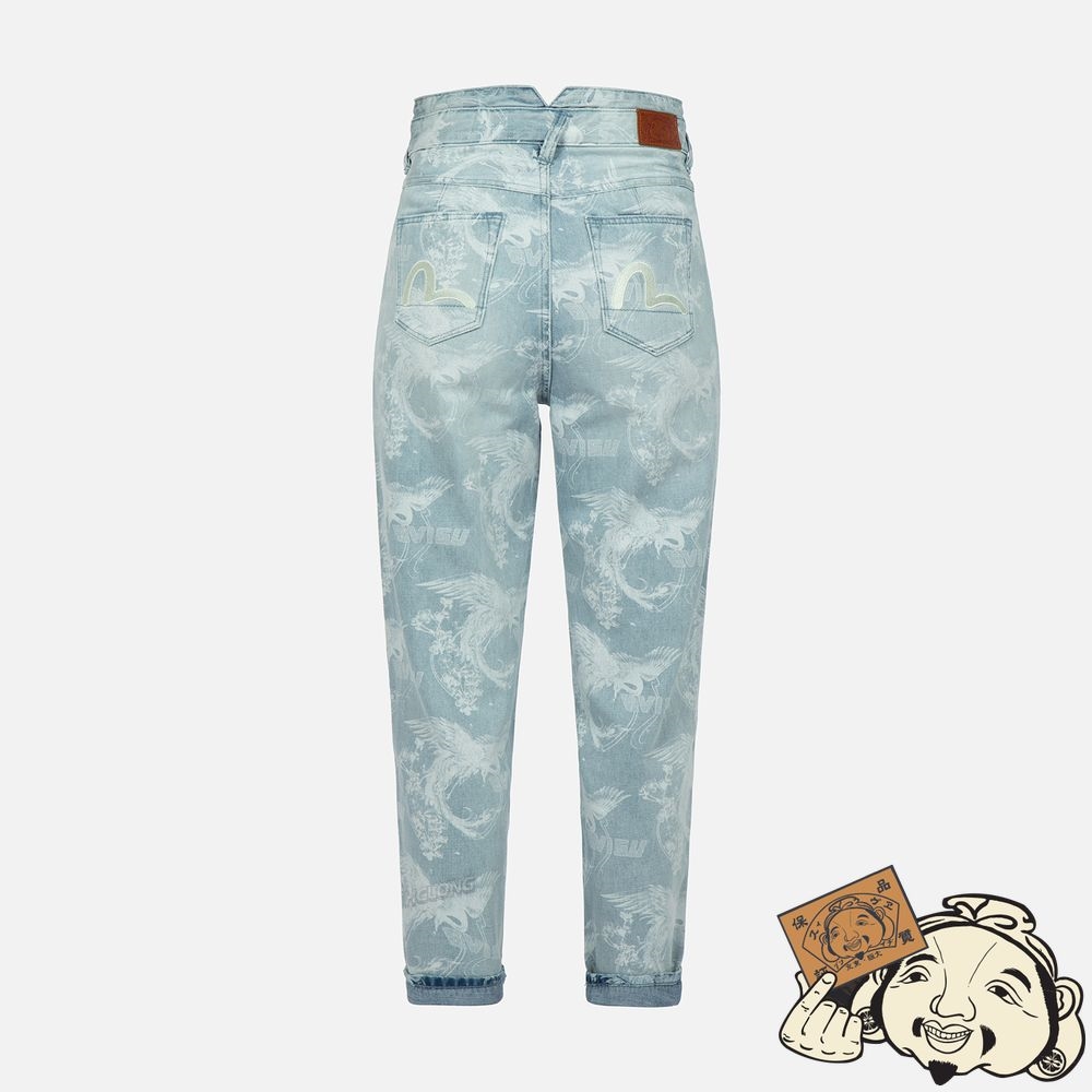 Women Evisu LASER-PRINT ALLOVER PEACOCK DENIM TAPER JEANS Indigo | 867XDOYPB