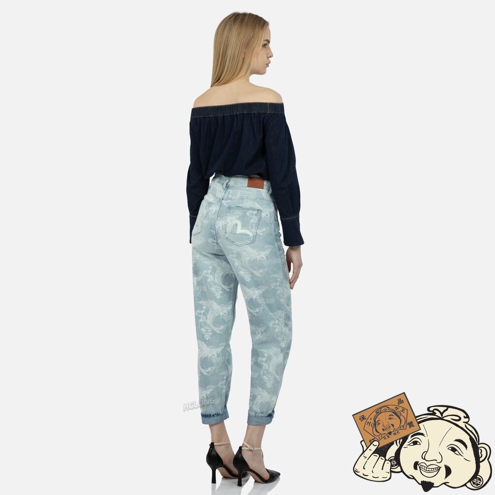 Women Evisu LASER-PRINT ALLOVER PEACOCK DENIM TAPER JEANS Indigo | 867XDOYPB