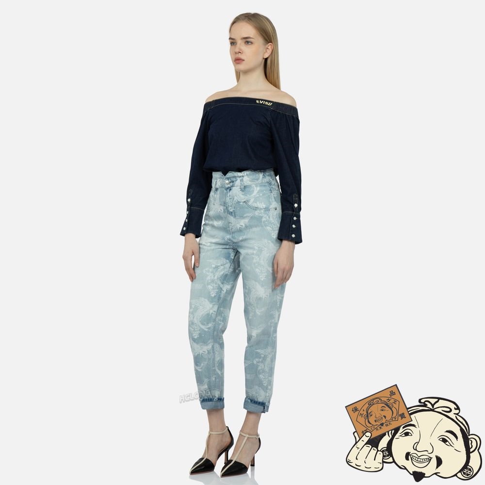 Women Evisu LASER-PRINT ALLOVER PEACOCK DENIM TAPER JEANS Indigo | 867XDOYPB