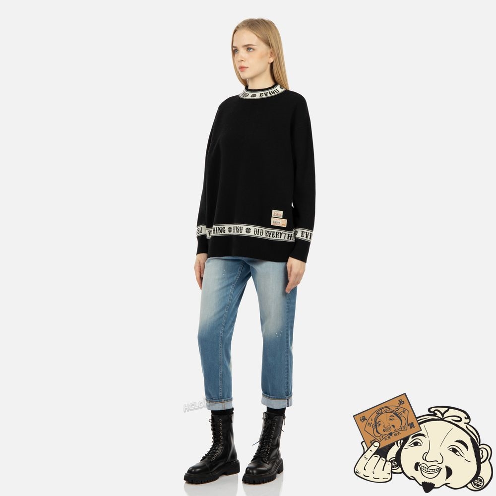 Women Evisu LOGO AND KAMON JACQUARD KNITTED SWEATER Noir | 095IODXRZ