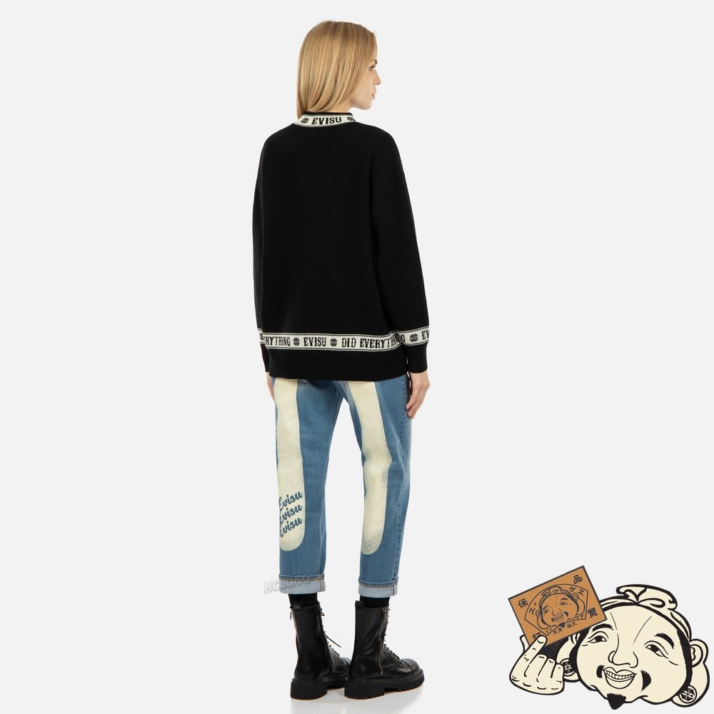 Women Evisu LOGO AND KAMON JACQUARD KNITTED SWEATER Noir | 095IODXRZ