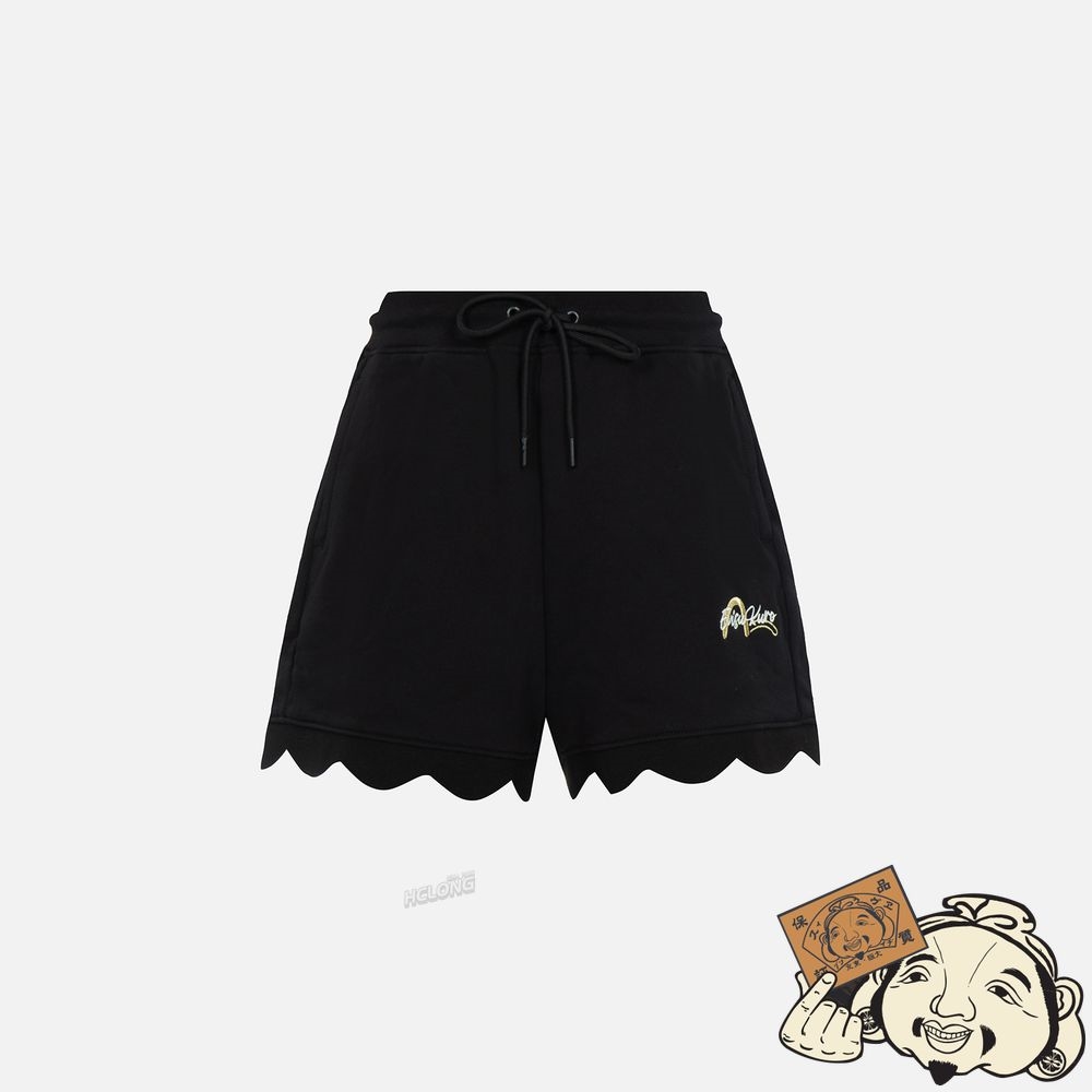 Women Evisu LOGO AND SEAGULL EMBROIDERED SCALLOP HEM SWEATSHORTS Noir | 187WNGOPE