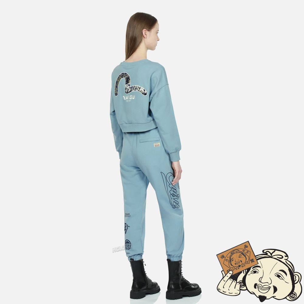 Women Evisu LOGO AND SEAGULL PRINT SWEATPANTS Bleu | 364RNWBTK