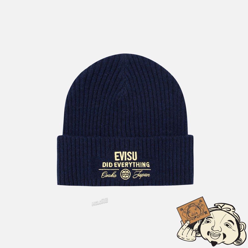 Women Evisu LOGO EMBROIDERY LAMBSWOOL BEANIE Bleu Marine | 754RCEGOZ