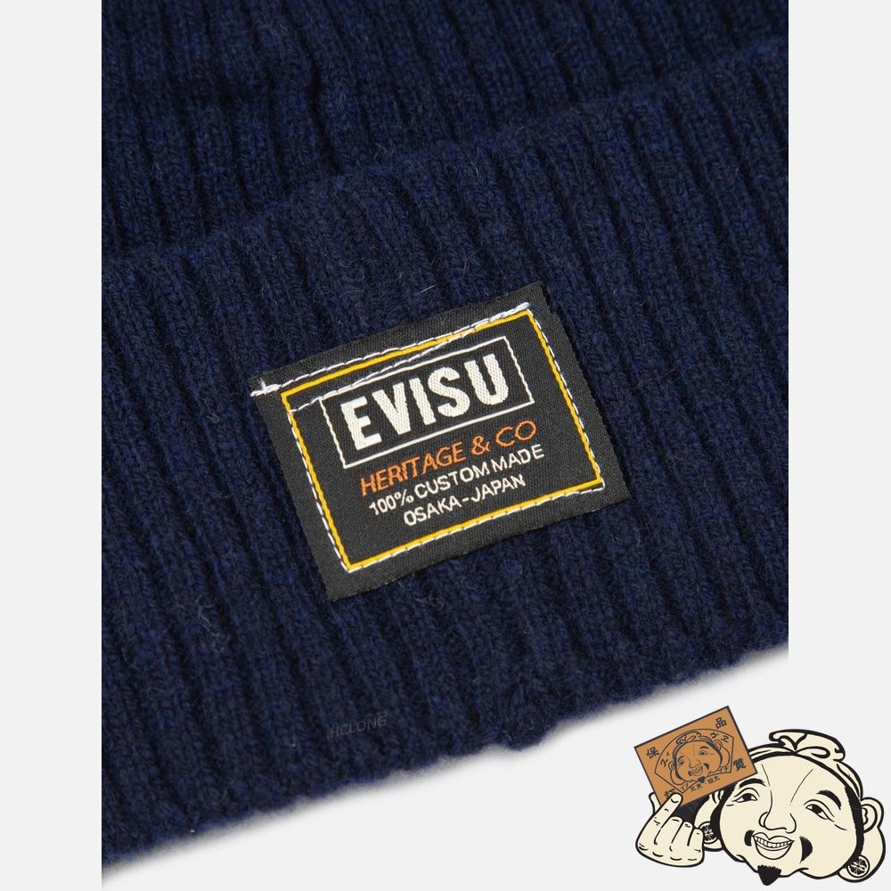 Women Evisu LOGO EMBROIDERY LAMBSWOOL BEANIE Bleu Marine | 754RCEGOZ