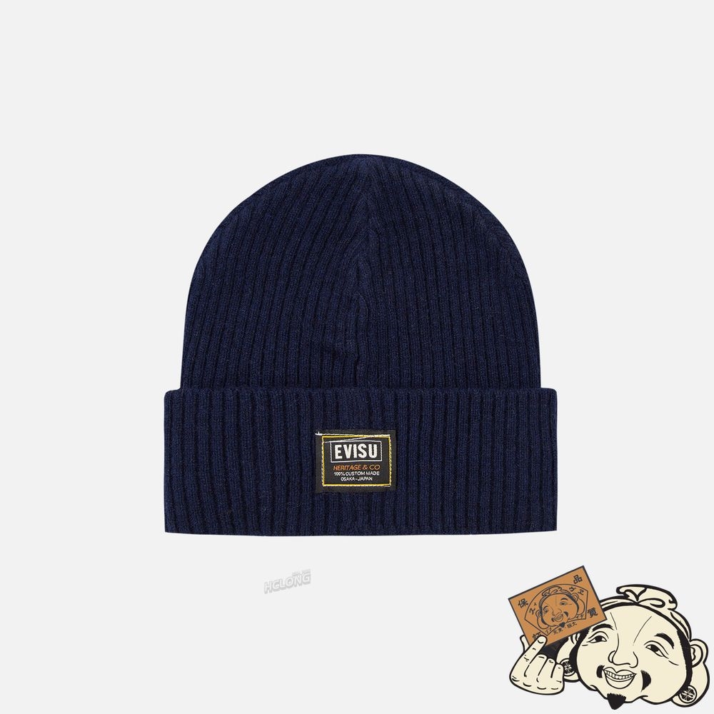 Women Evisu LOGO EMBROIDERY LAMBSWOOL BEANIE Bleu Marine | 754RCEGOZ