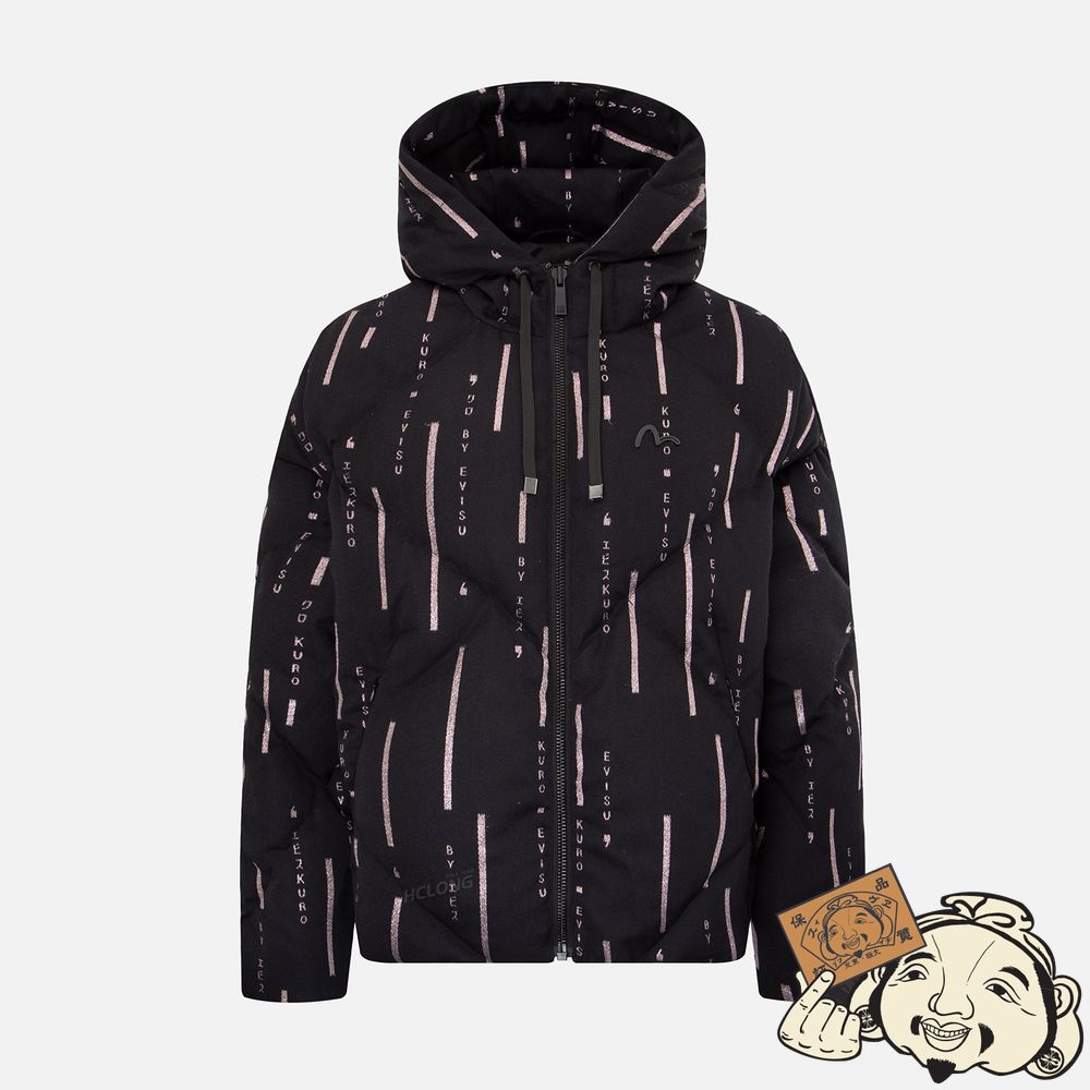 Women Evisu MONOGRAM METALLIC LOGO PRINT DOWN JACKET Noir | 792DZSPQM