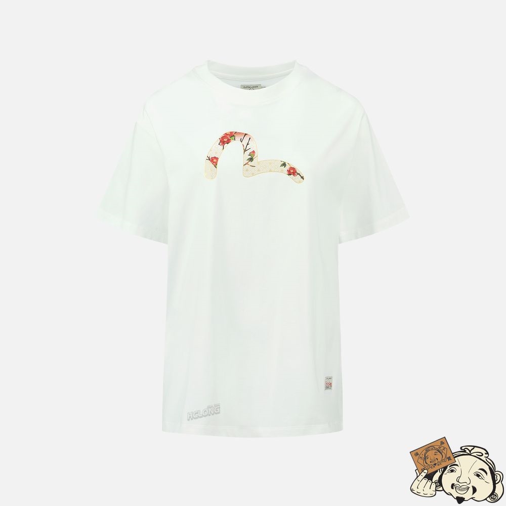 Women Evisu Peacock and Tsubaki Print Boyfriend T-shirt Blanche | 978RJUDAK