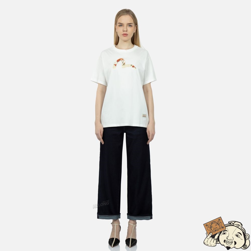 Women Evisu Peacock and Tsubaki Print Boyfriend T-shirt Blanche | 978RJUDAK