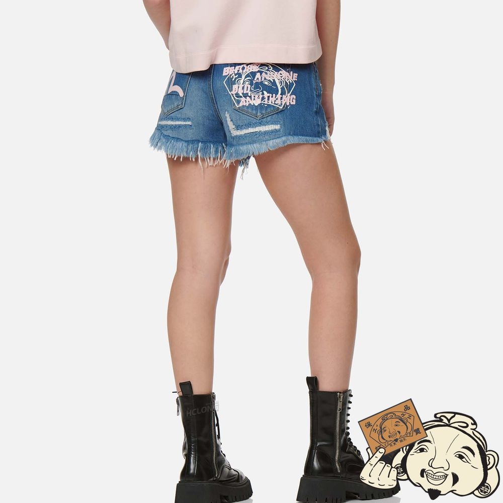 Women Evisu SEAGULL AND GODHEAD PRINT DENIM SHORTS Indigo | 768UCGHPT