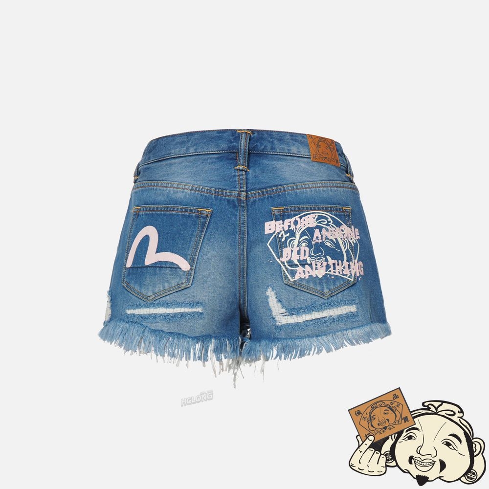 Women Evisu SEAGULL AND GODHEAD PRINT DENIM SHORTS Indigo | 768UCGHPT