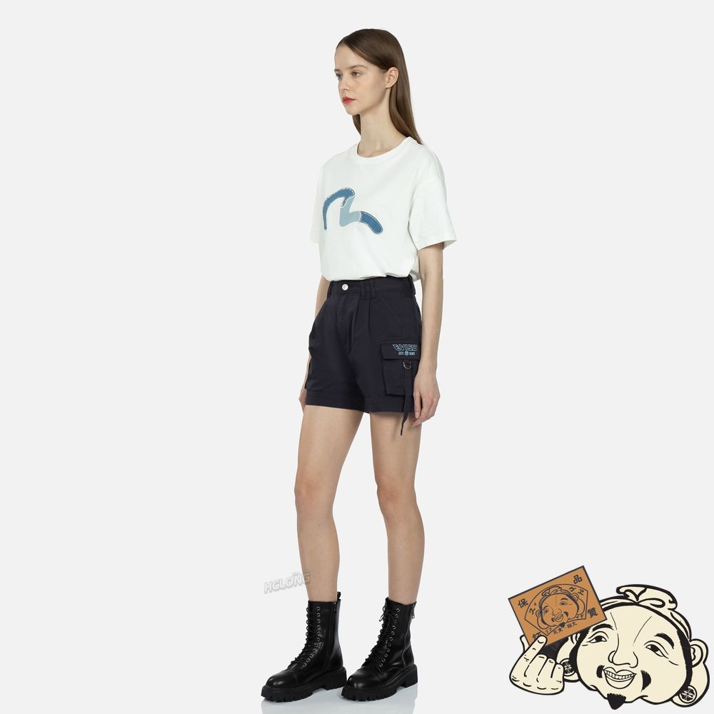 Women Evisu SEAGULL AND LOGO EMBROIDERY CARGO SHORTS Bleu Marine | 642MTGRSC