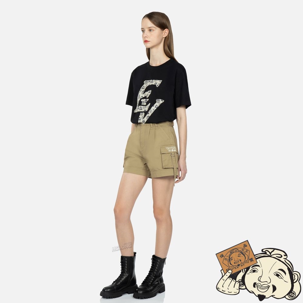 Women Evisu SEAGULL AND LOGO EMBROIDERY CARGO SHORTS Kaki | 961HSIWYF