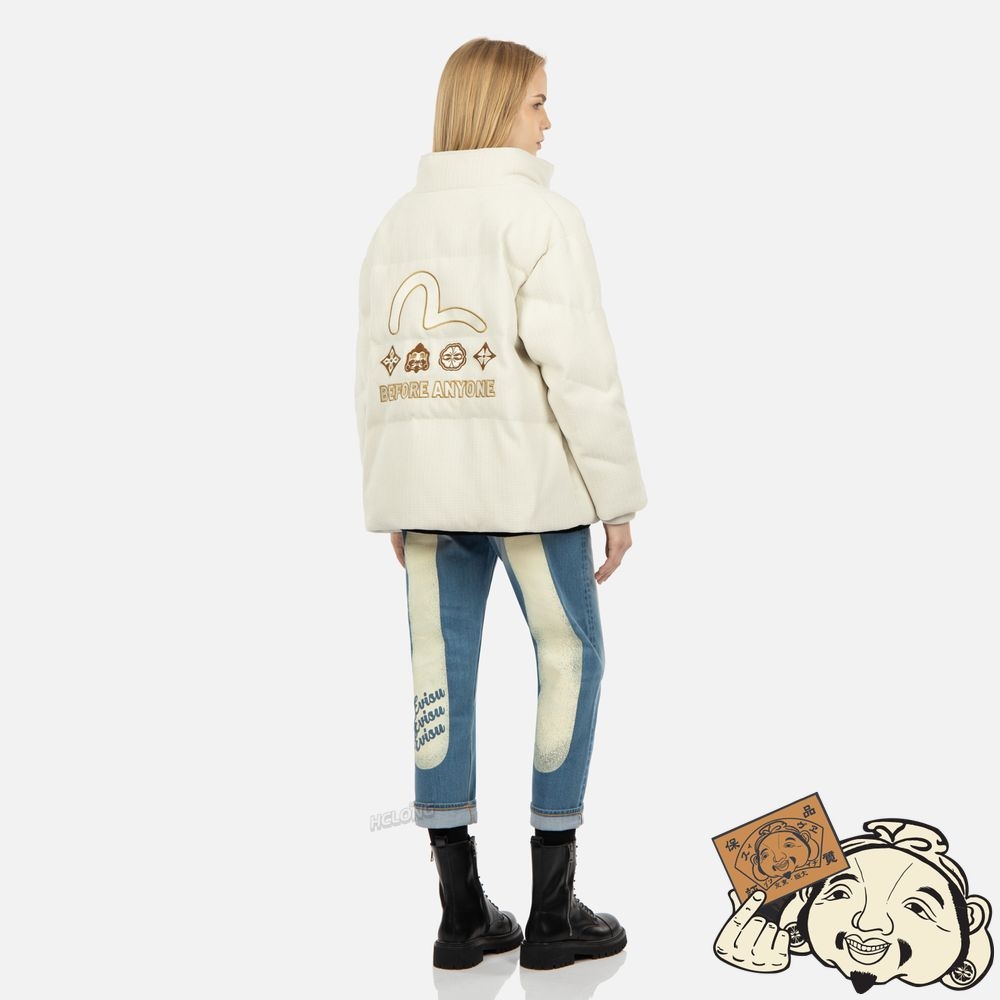 Women Evisu SEAGULL APPLIQUÉ CORDUROY DOWN JACKET Blanche | 571MSRELY