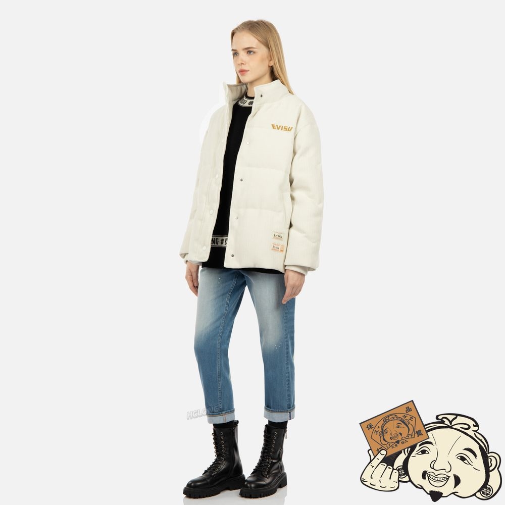 Women Evisu SEAGULL APPLIQUÉ CORDUROY DOWN JACKET Blanche | 571MSRELY