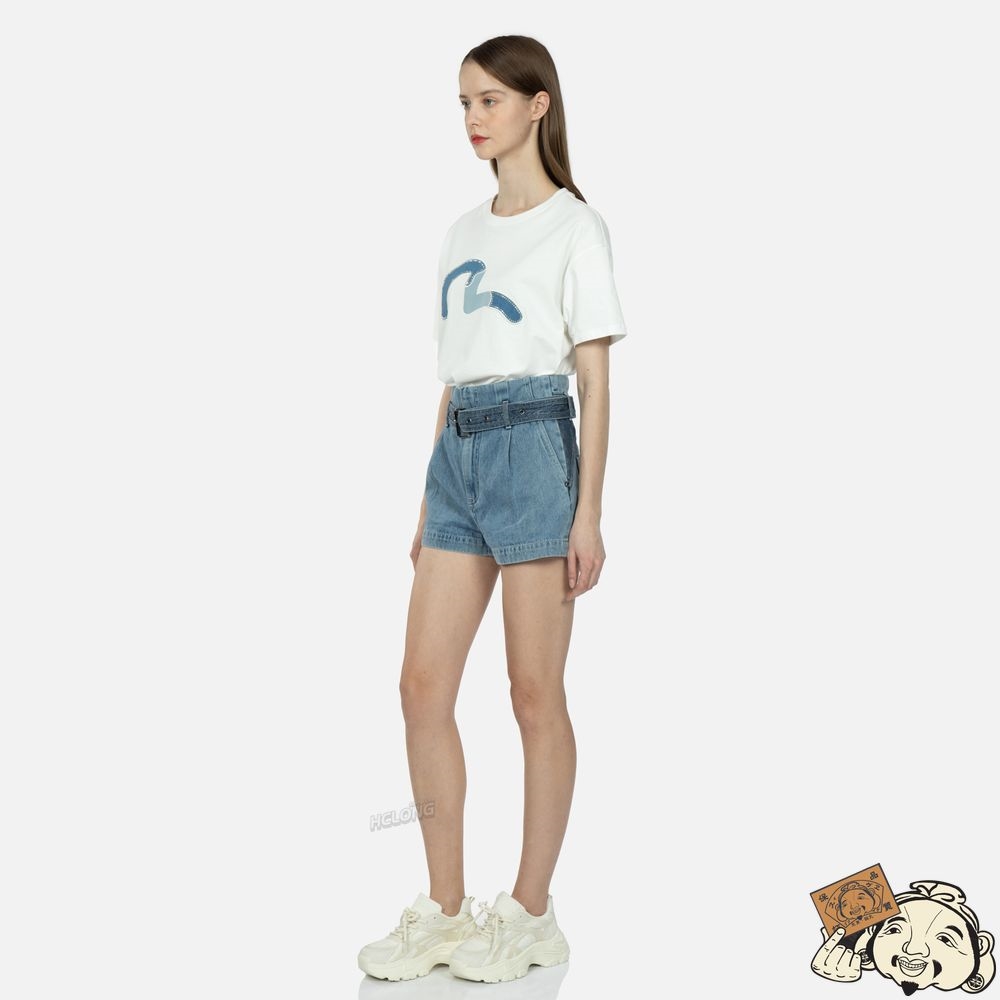 Women Evisu SEAGULL BLOCKING DENIM SHORTS Indigo | 132QSAOYX