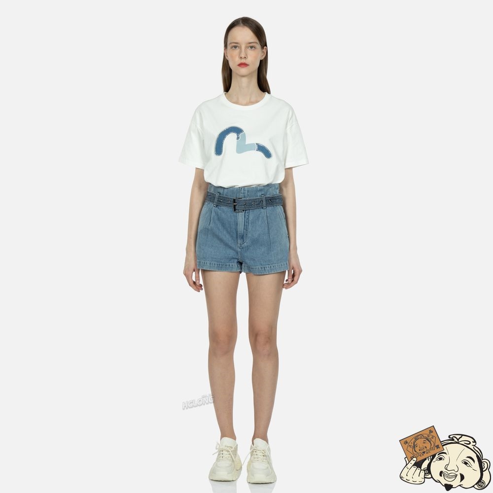 Women Evisu SEAGULL BLOCKING DENIM SHORTS Indigo | 132QSAOYX