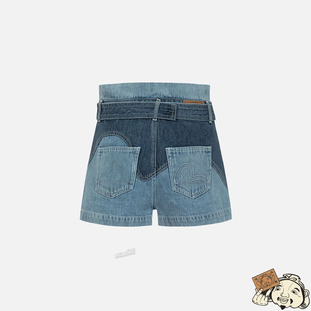 Women Evisu SEAGULL BLOCKING DENIM SHORTS Indigo | 132QSAOYX