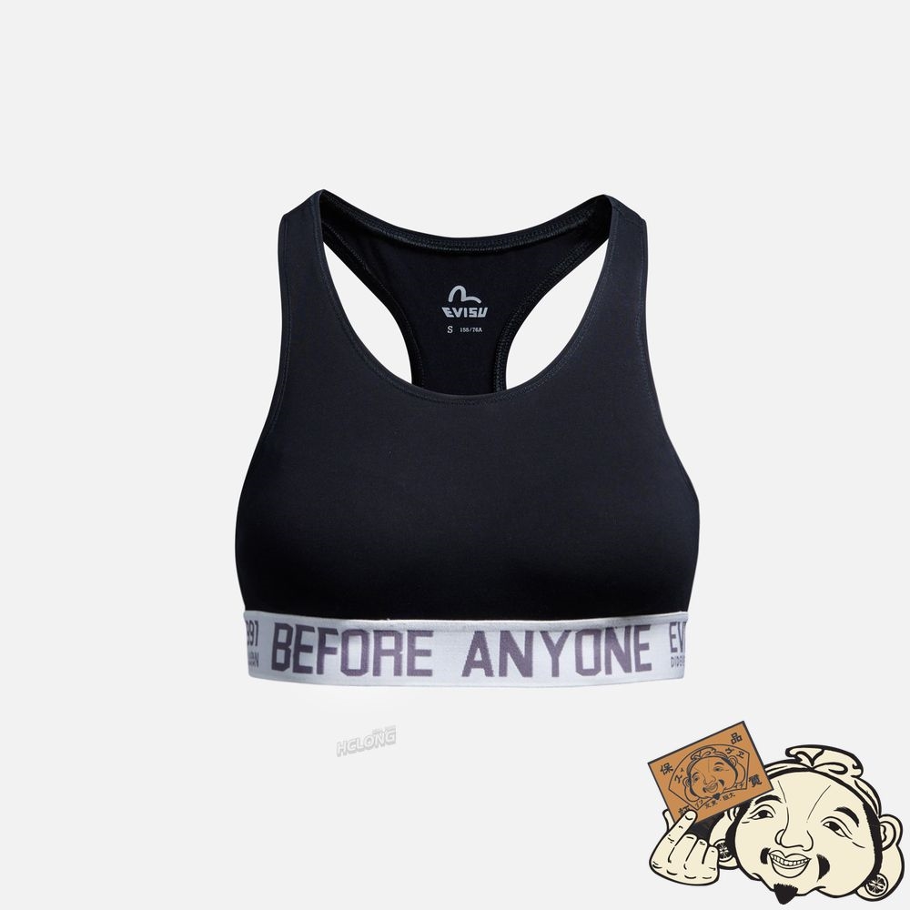 Women Evisu SLOGAN JACQUARD-TRIMMED STRETCH SPORTS BRA Noir | 821HEBTDZ