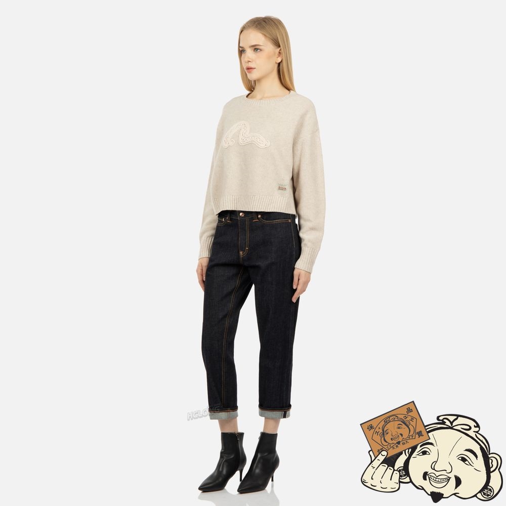 Women Evisu Texture Seagull Tricoté Pull Beige | 143NOJQCA