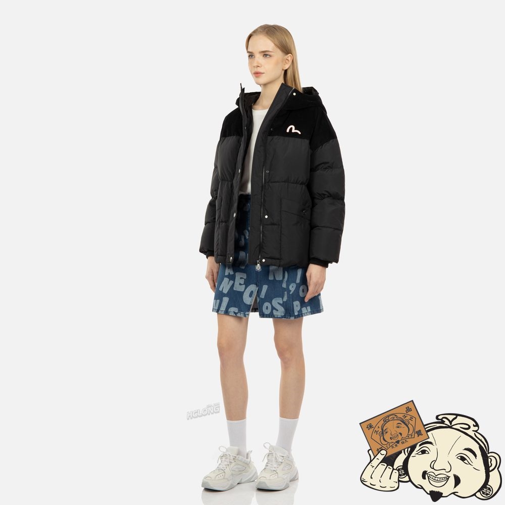 Women Evisu “KAMON HIDE-AND-SEEK” PRINT FABRIC BLOCKING DOWN JACKET Noir | 501TOACXD