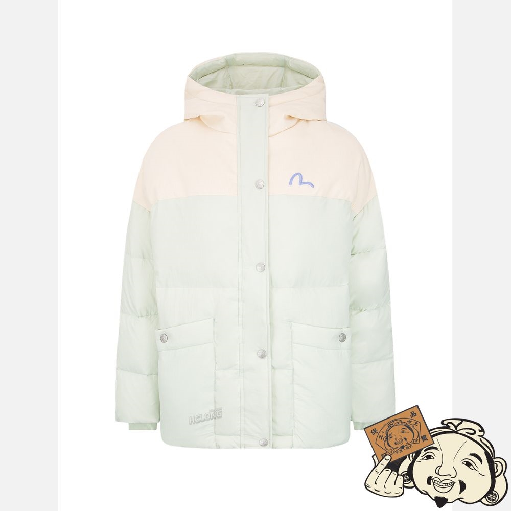 Women Evisu “KAMON HIDE-AND-SEEK” PRINT FABRIC BLOCKING DOWN JACKET Vert Clair | 906YWBCGA