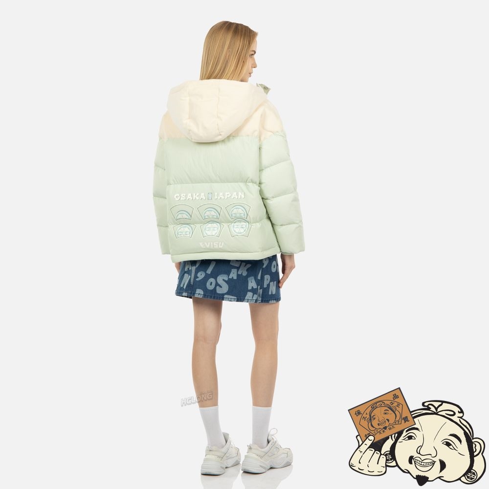 Women Evisu “KAMON HIDE-AND-SEEK” PRINT FABRIC BLOCKING DOWN JACKET Vert Clair | 906YWBCGA