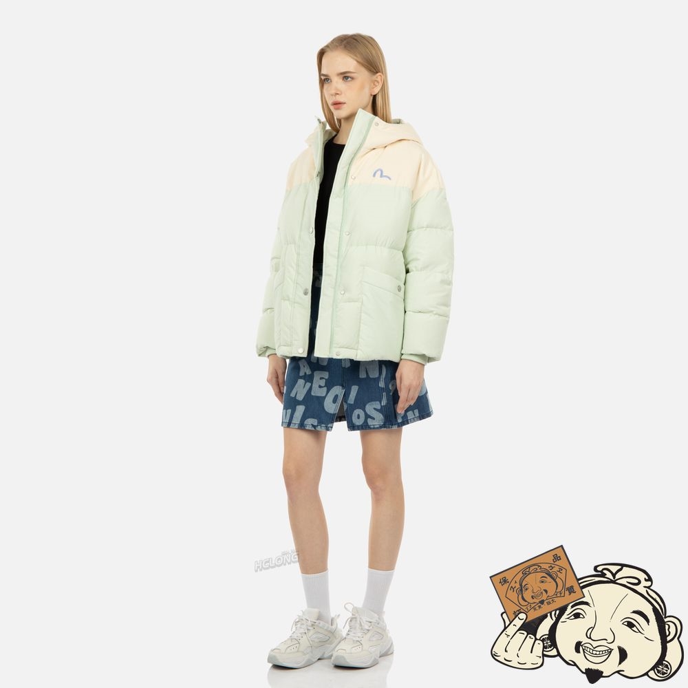 Women Evisu “KAMON HIDE-AND-SEEK” PRINT FABRIC BLOCKING DOWN JACKET Vert Clair | 906YWBCGA