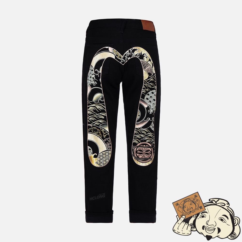 Women Evisu “KOI PLAYING IN THE WAVES” DAICOCK PRINT BOYFRIEND JEANS Noir | 768XACNZM